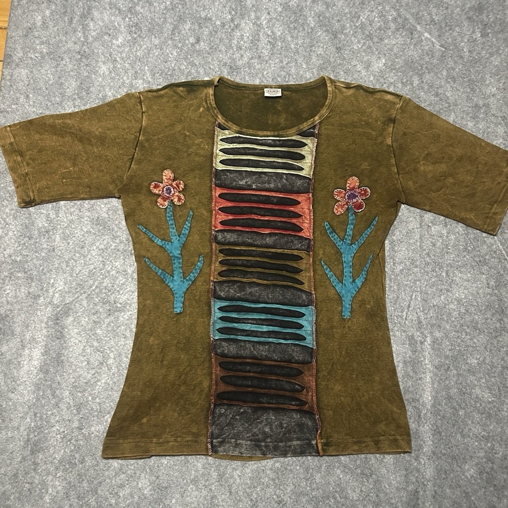 Y2k rustic brown floral womens large t shirt Artisan Vintage